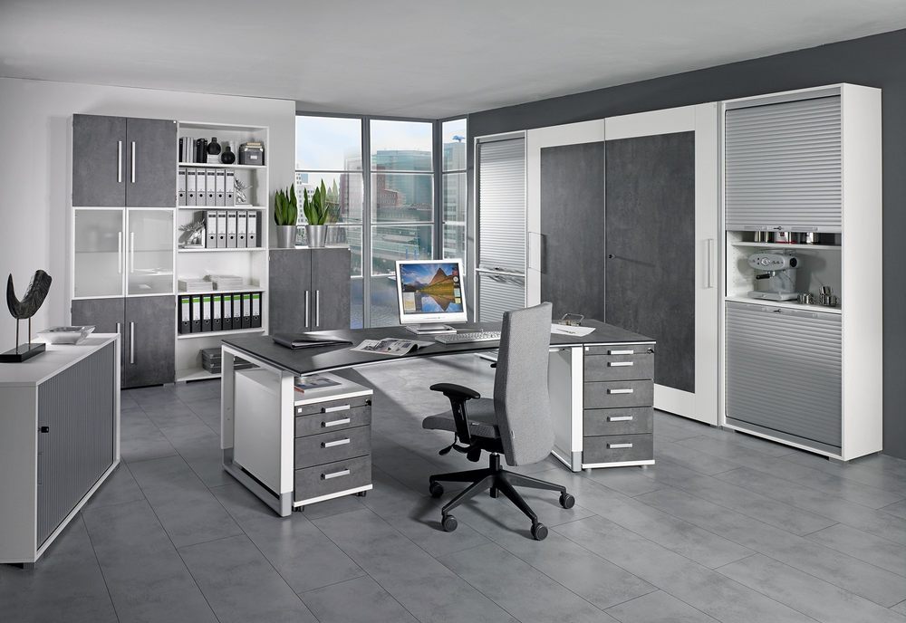 Grau-weiße Büromöbel der Marke Milieu