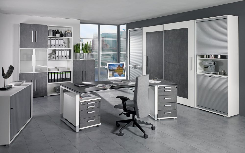 Grau-weiße Büromöbel der Marke Milieu