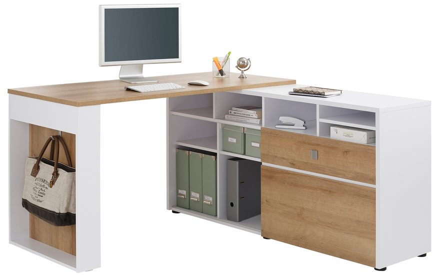 Schreibtisch kombiniert mit Regalen in weiß und brauner Holzoptik